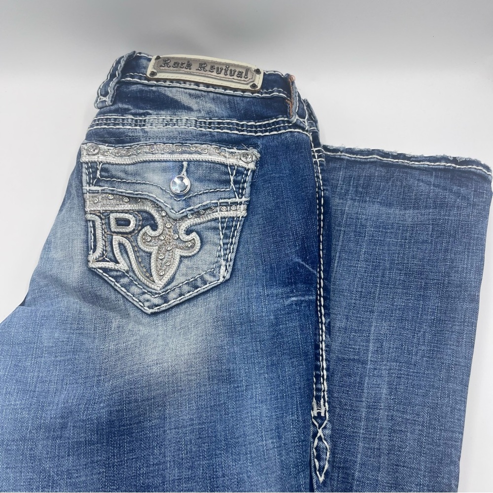 ROCK REVIVAL JEANS Womens Size 27”x 34” Sundee Boot Thick Stitch Jeweled